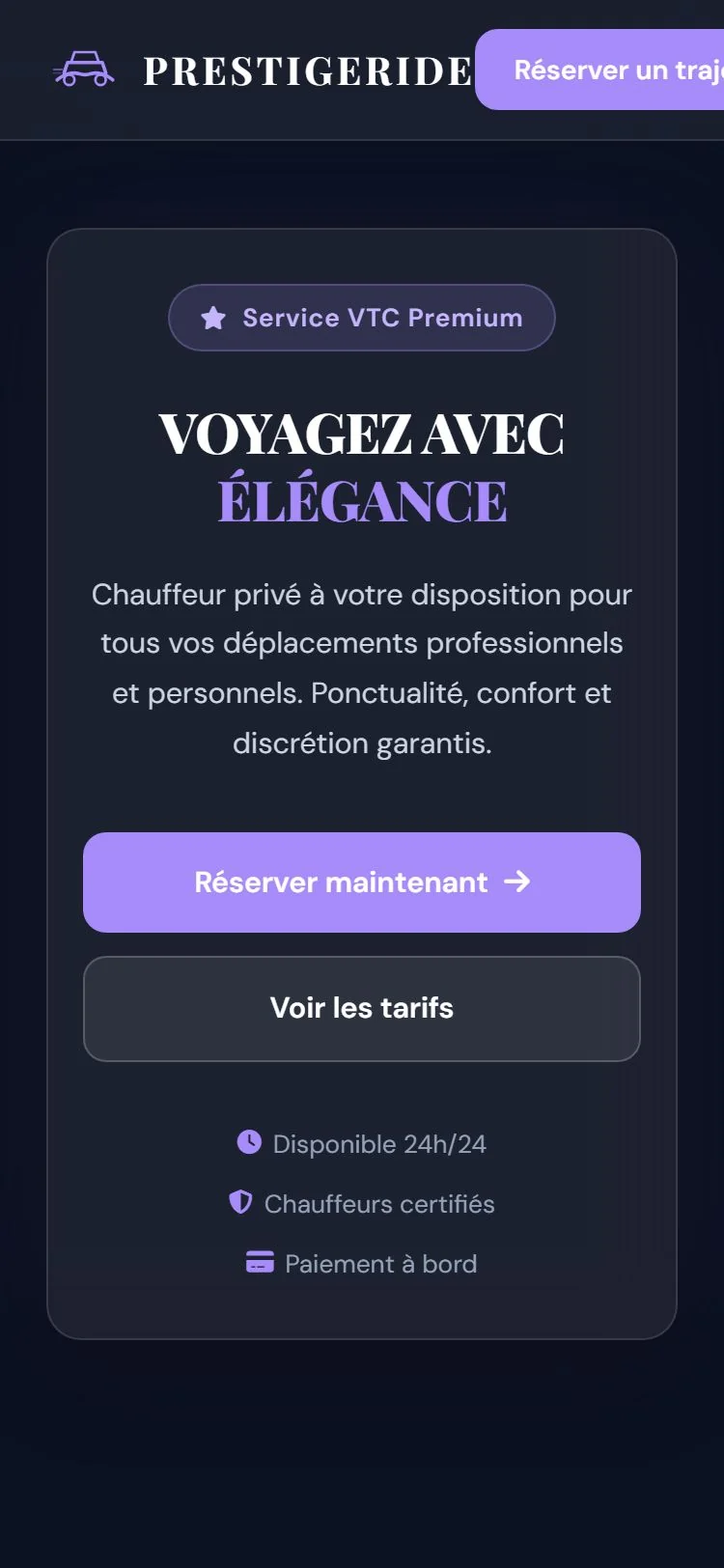 Exemple site web Prestigeride pour VTC — mobile