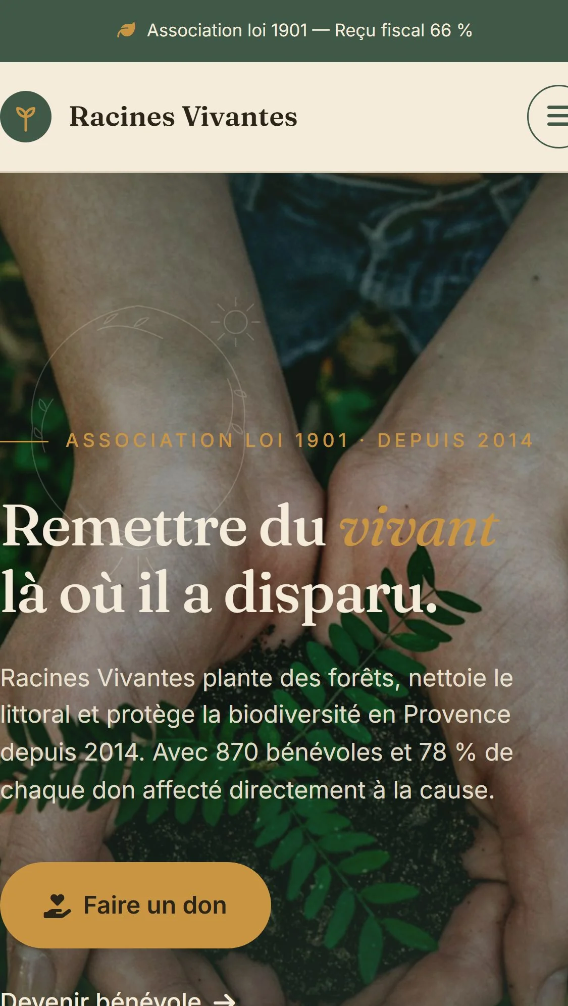 Exemple site web Racines Vivantes pour Association — mobile