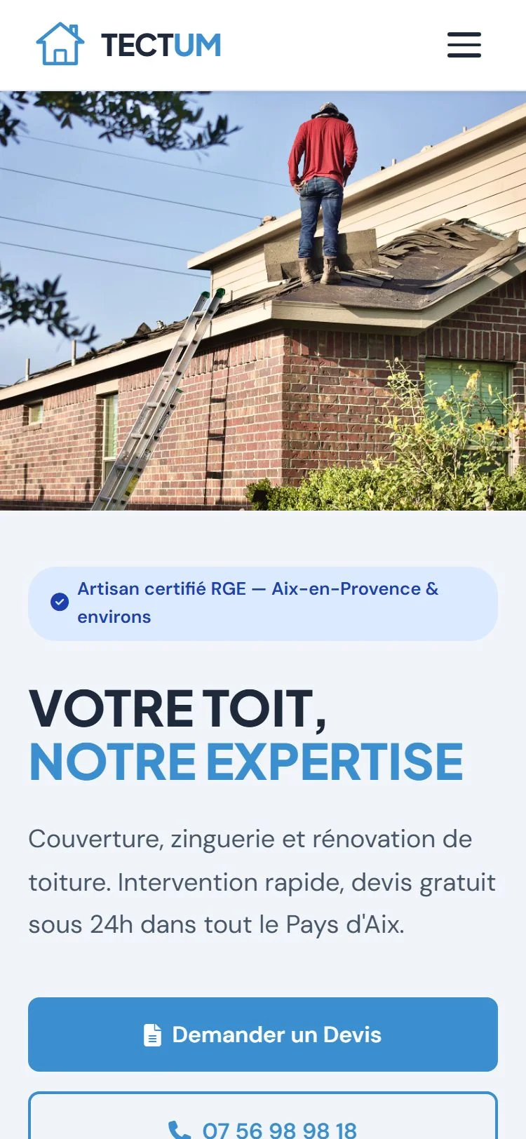 Tectum Couverture : demo creation web pour Couvreur — mobile