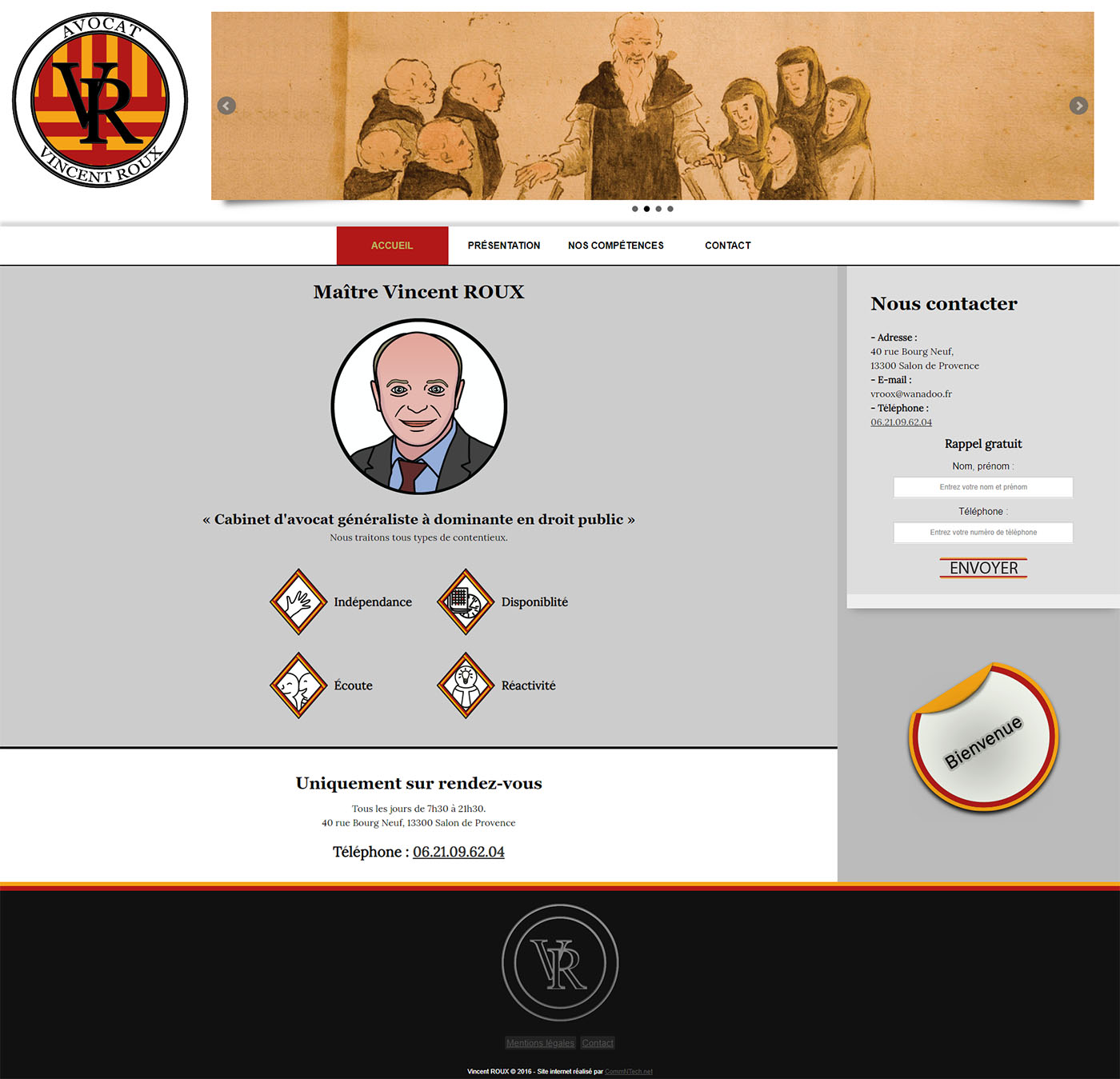 Cliquer pour agrandir Page d'accueil du site Maitre-VR.net developpe par WeComm : logo, icones et portrait vectorise de Maitre Vincent Roux, avocat generaliste