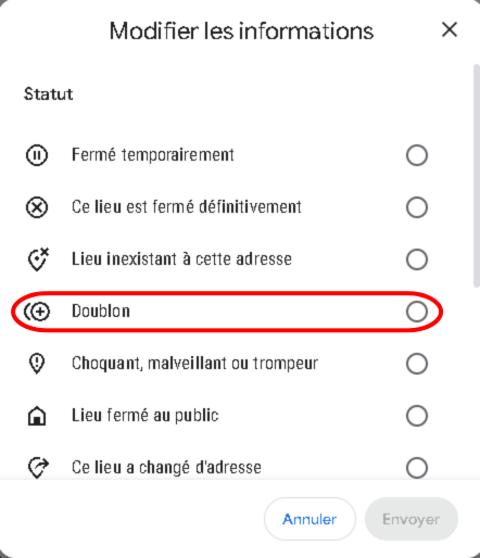 Troisième étape pour dédoublonner une fiche google sur google maps.