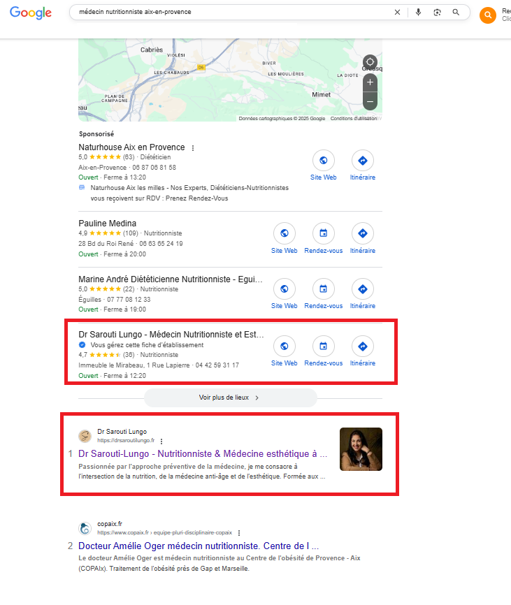 Cliquer pour agrandir Page de résultats Google pour la requête médecin nutritionniste aix-en-provence, où figurent la fiche et le site du cabinet