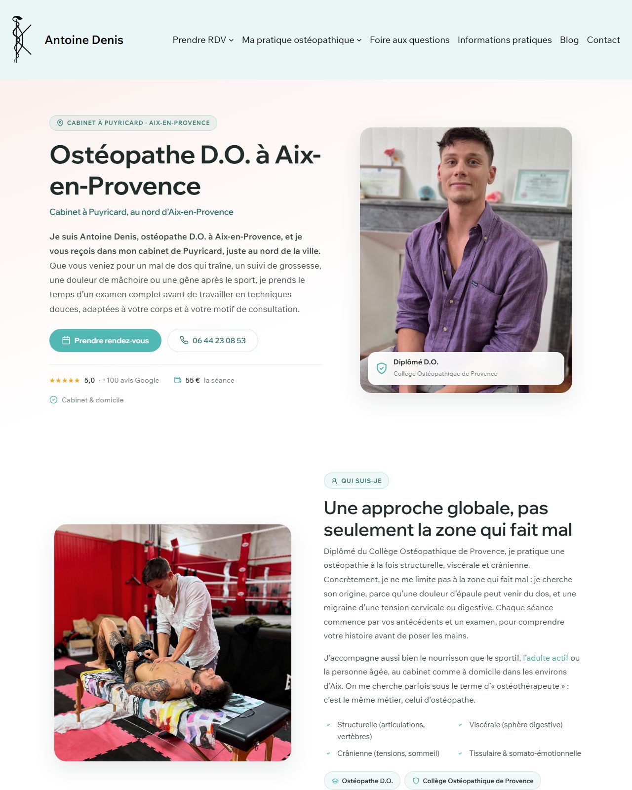 Aperçu du site d'Antoine Denis, ostéopathe à Puyricard, au nord d'Aix-en-Provence