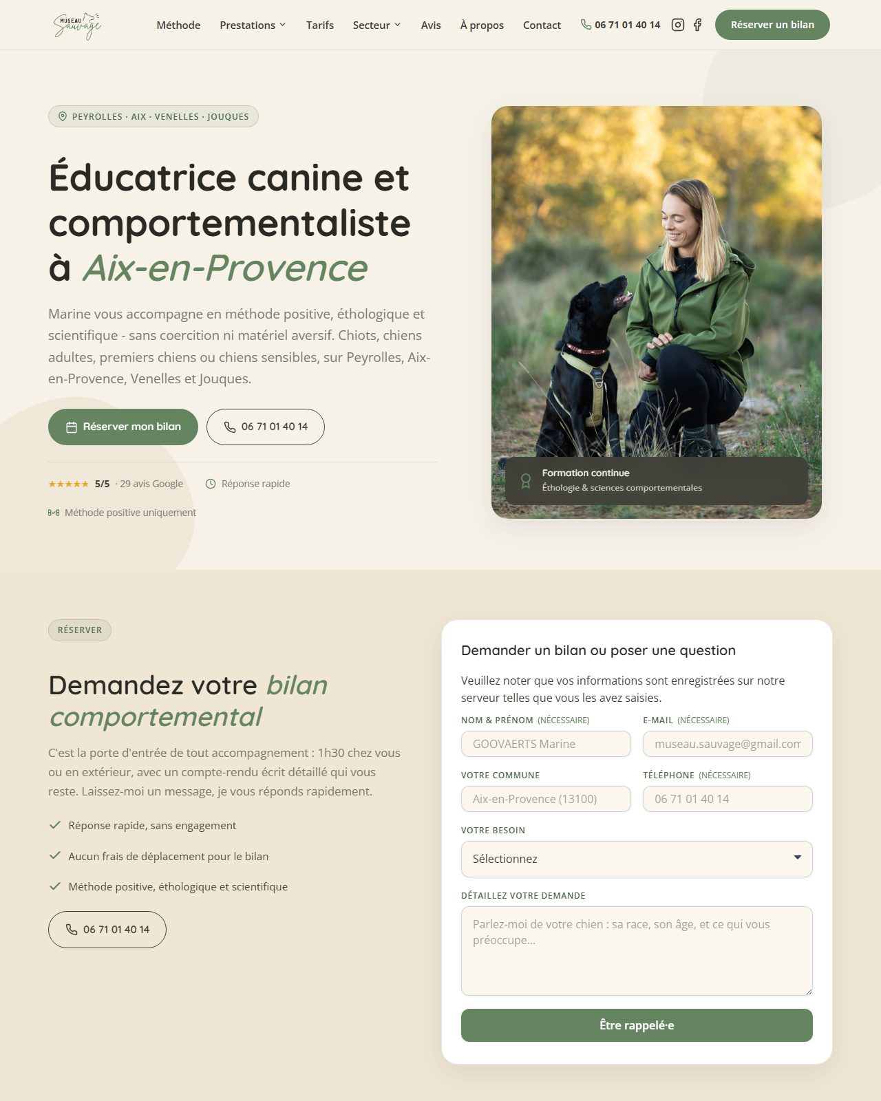 Aperçu du site de Museau Sauvage, éducatrice et comportementaliste canin à Peyrolles-en-Provence
