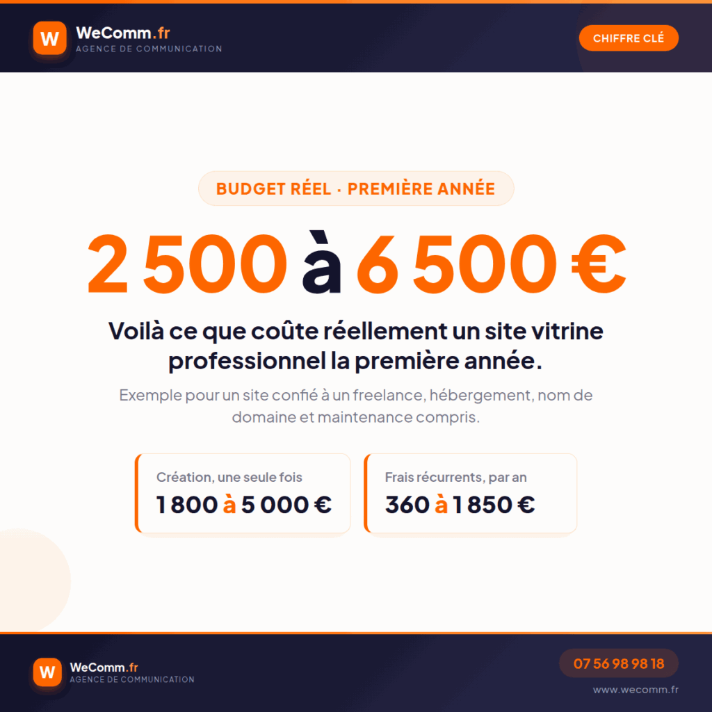 Budget réel d'un site vitrine professionnel la première année, de 2 500 à 6 500 €, création et frais récurrents compris.