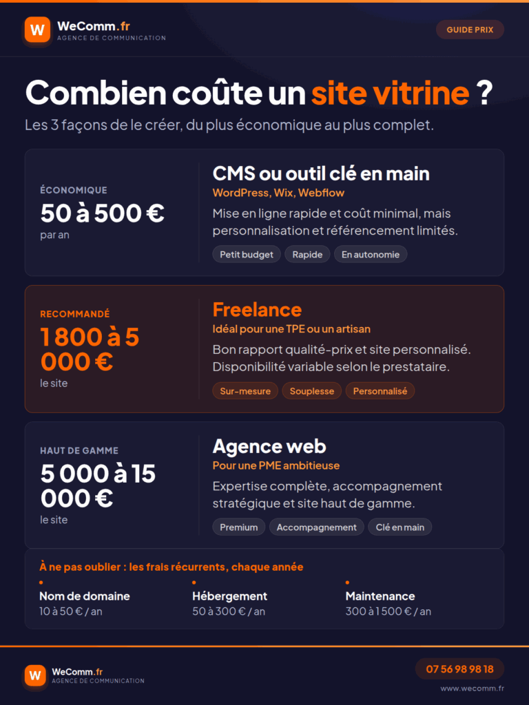 Comparatif du prix d'un site vitrine selon le mode de création : CMS clé en main, freelance ou agence web, avec les frais récurrents annuels.