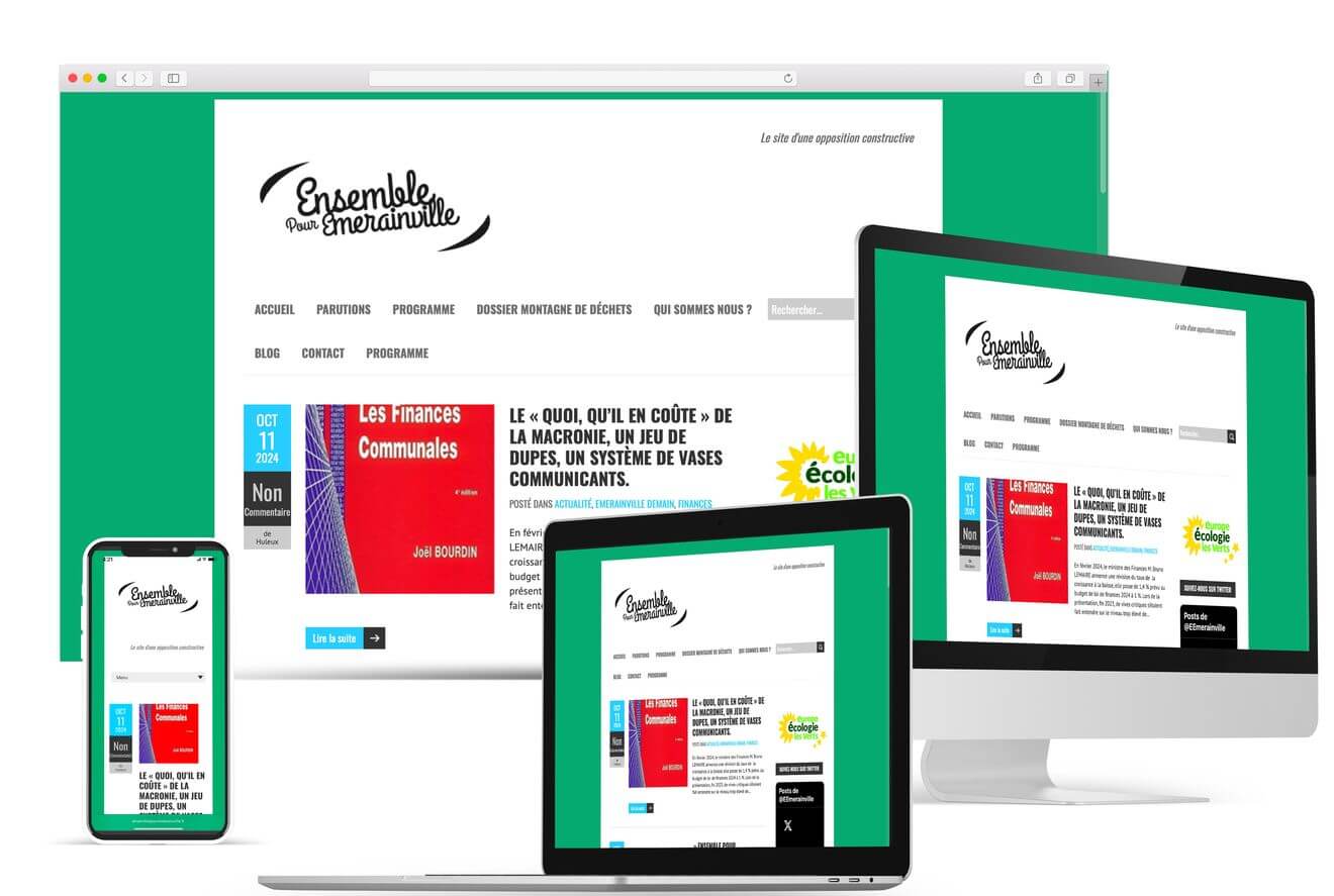 Cliquer pour agrandir Le site de l'association Ensemble pour Emerainville affiché sur écran d'ordinateur, ordinateur portable, tablette et téléphone