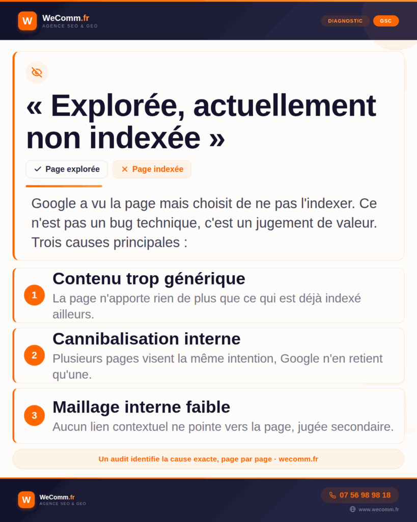 Statut « explorée, actuellement non indexée » dans Google Search Console et ses trois causes : contenu trop générique, cannibalisation interne et maillage interne faible
