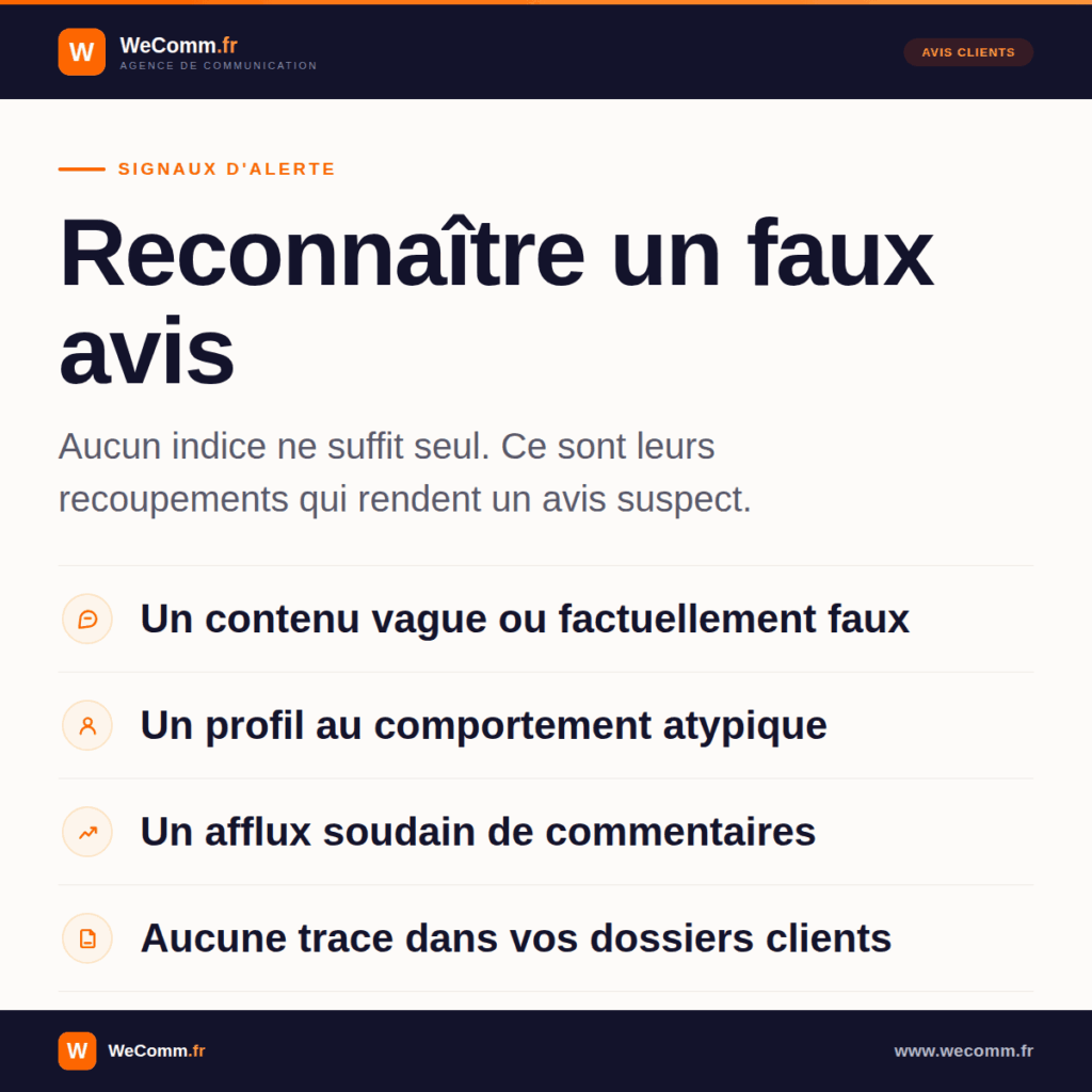 Quatre indices permettant de reconnaître un faux avis Google.