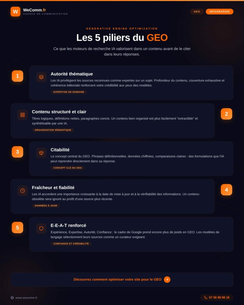 Les 5 pilliers du GEO pour tout comprendre du GEO, LLMO, SAIO.