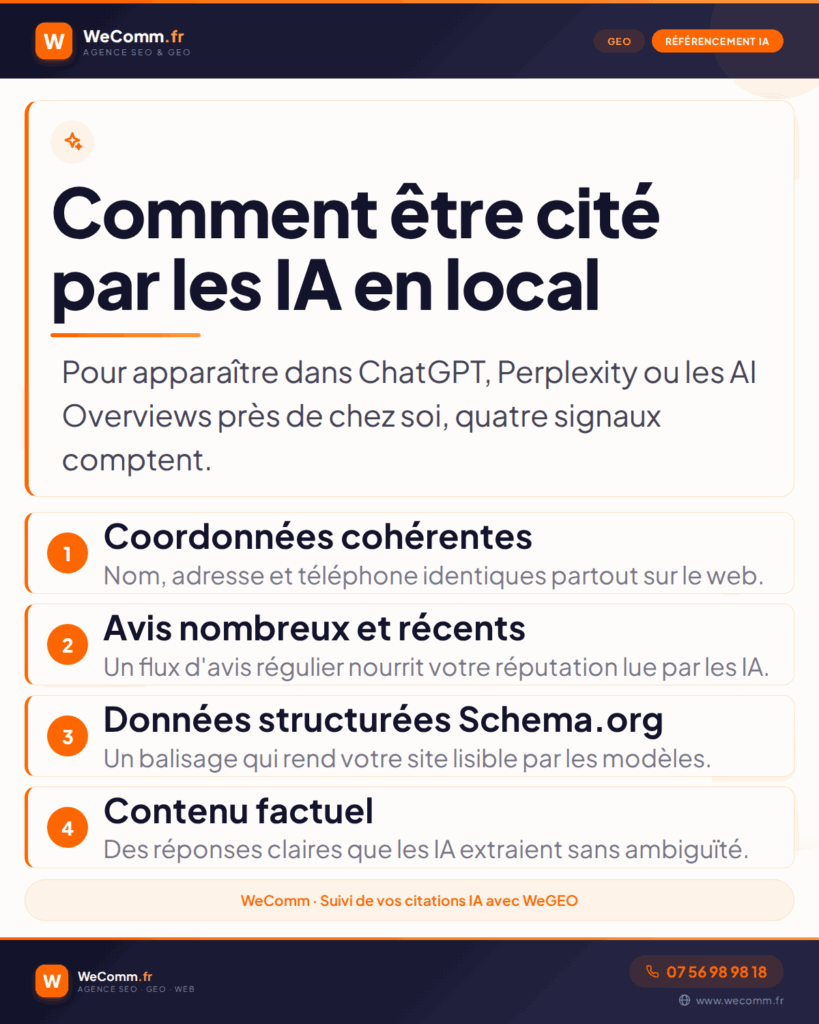 Infographie WeComm présentant les 4 signaux pour être cité par les IA en local (GEO) : coordonnées cohérentes, avis récents, données structurées Schema.org et contenu factuel.