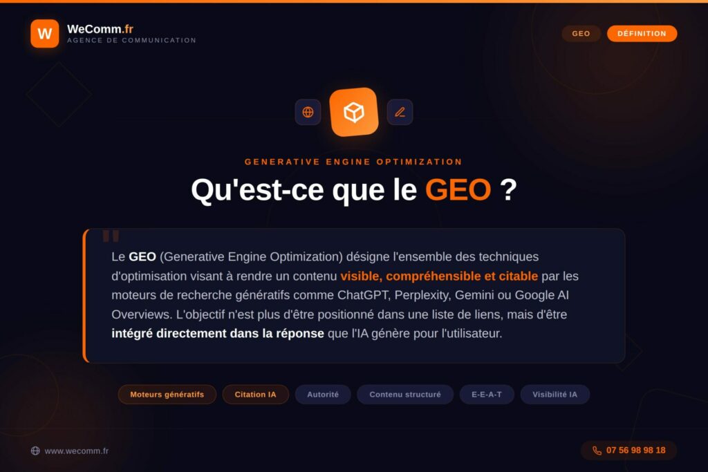 Définition du GEO (Generative Engine Optimization), selon WeComm agence SEO et GEO.
