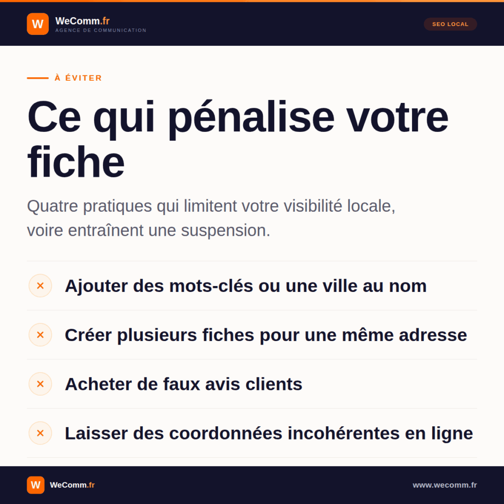 Quatre erreurs qui pénalisent le référencement d'une fiche Google Maps.