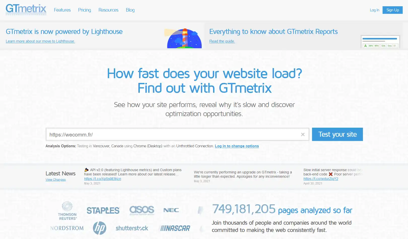 GTMetrix : tester la vitesse d'un site internet