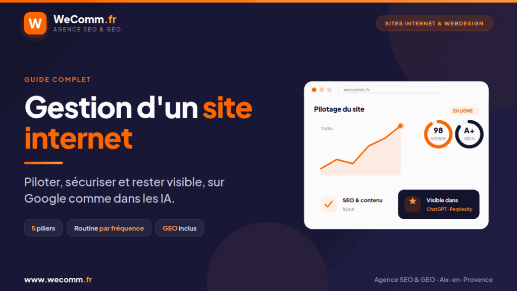 Gestion d'un site internet : tableau de bord de pilotage WeComm avec trafic, vitesse, sécurité et visibilité dans les IA.