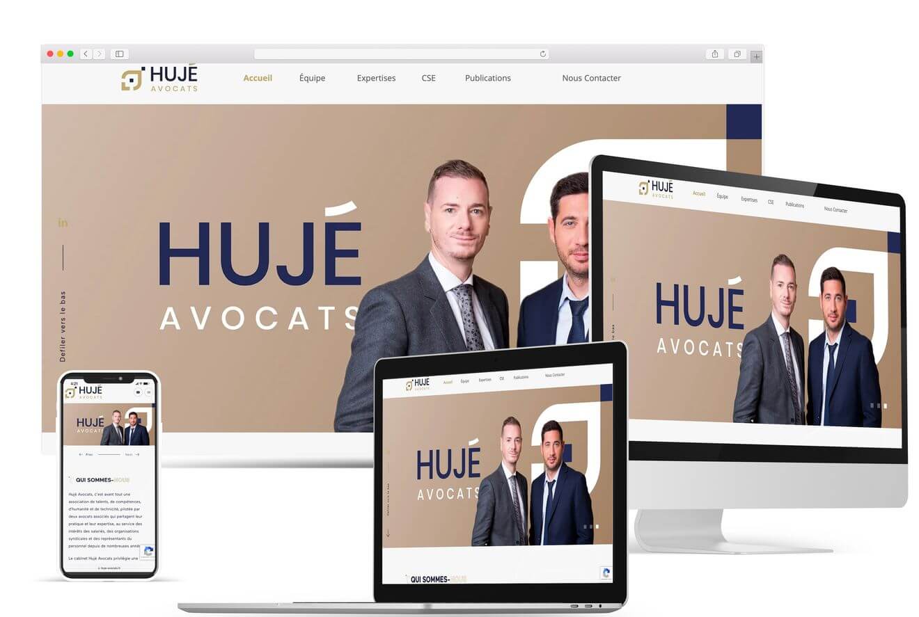 Cliquer pour agrandir Le site du cabinet Hujé Avocats affiché sur écran d'ordinateur, ordinateur portable, tablette et téléphone