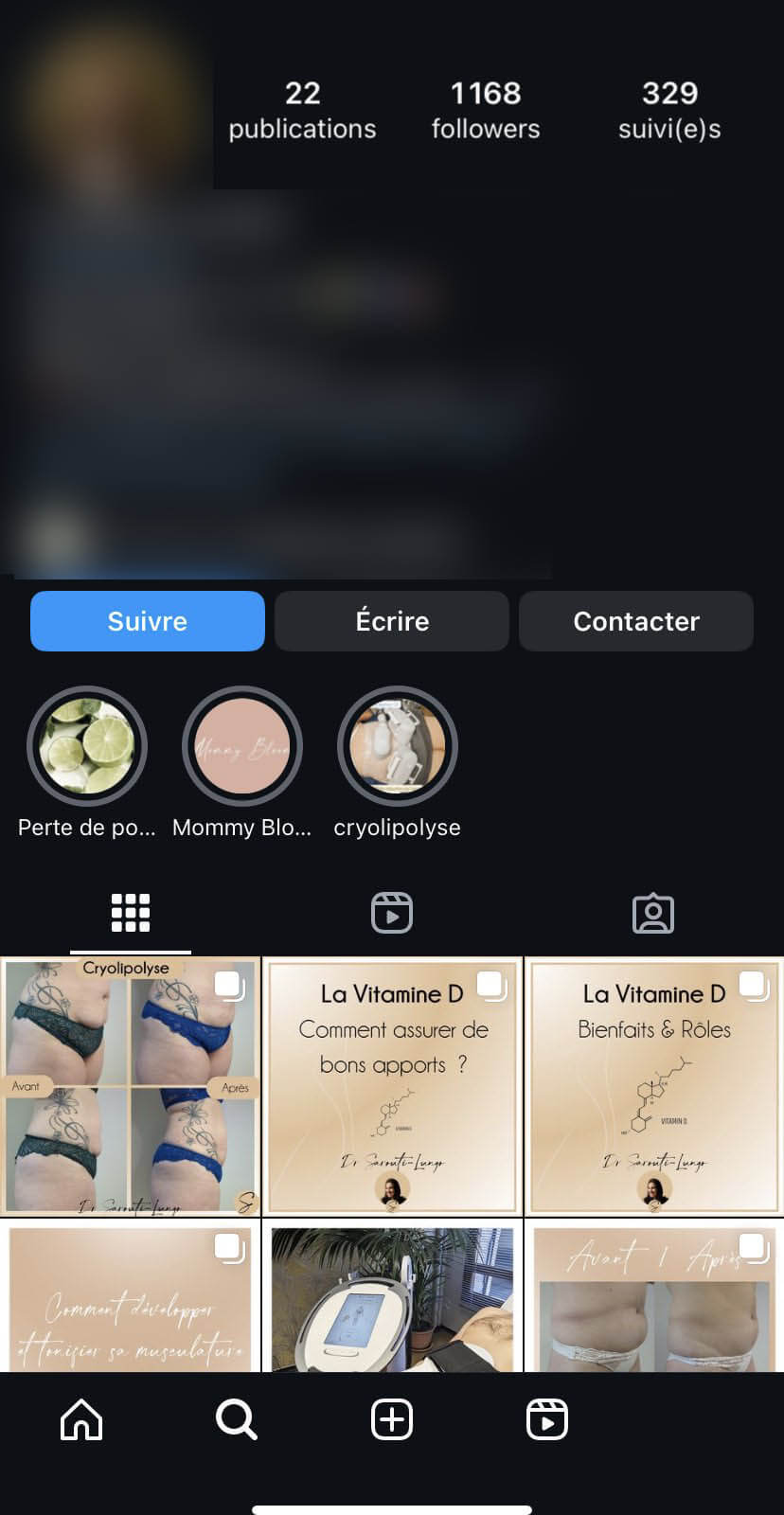 Cliquer pour agrandir Profil Instagram du cabinet après six mois d'accompagnement, avec sa grille de publications et son compteur d'abonnés