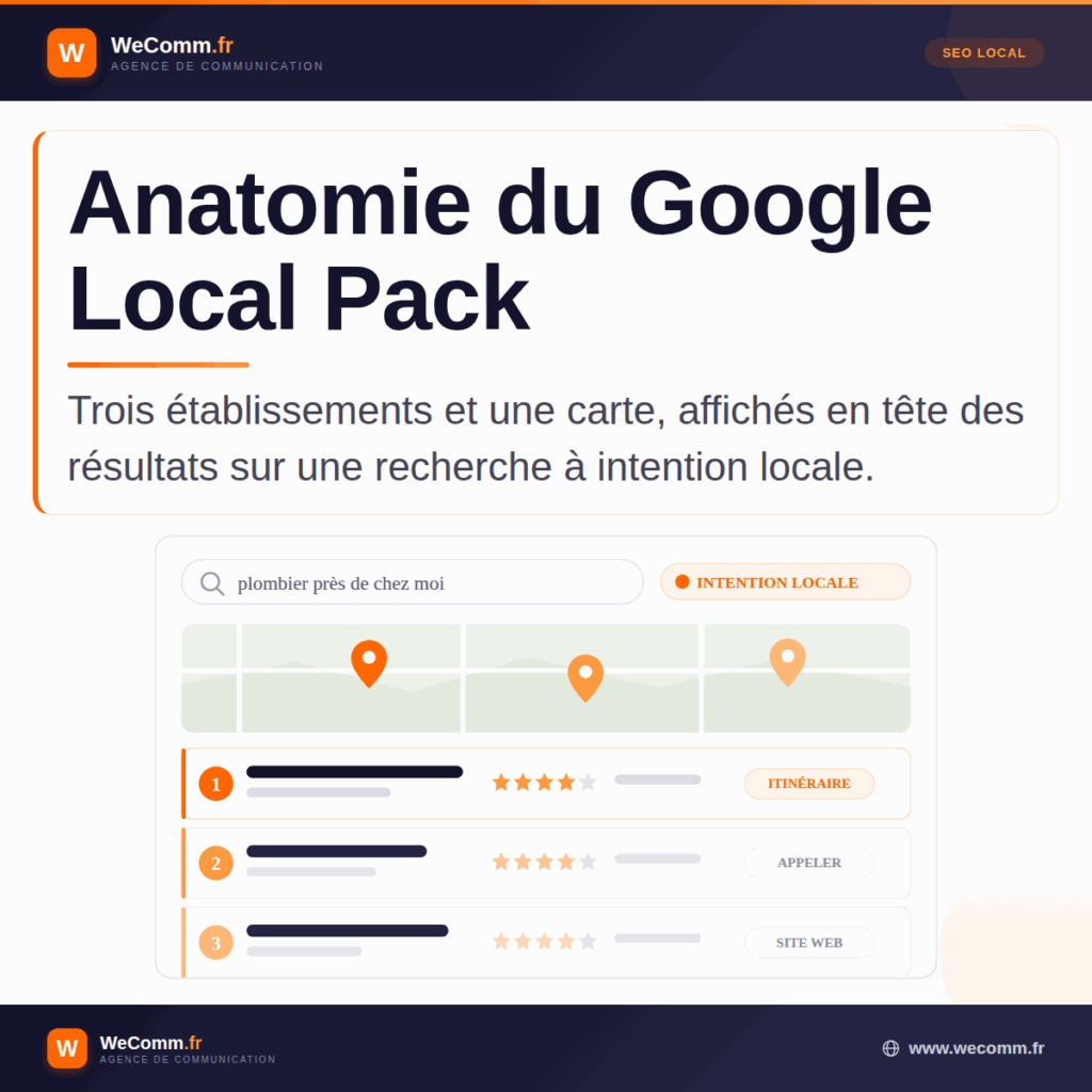Schéma du Google Local Pack avec la carte et les trois fiches d'établissement classées