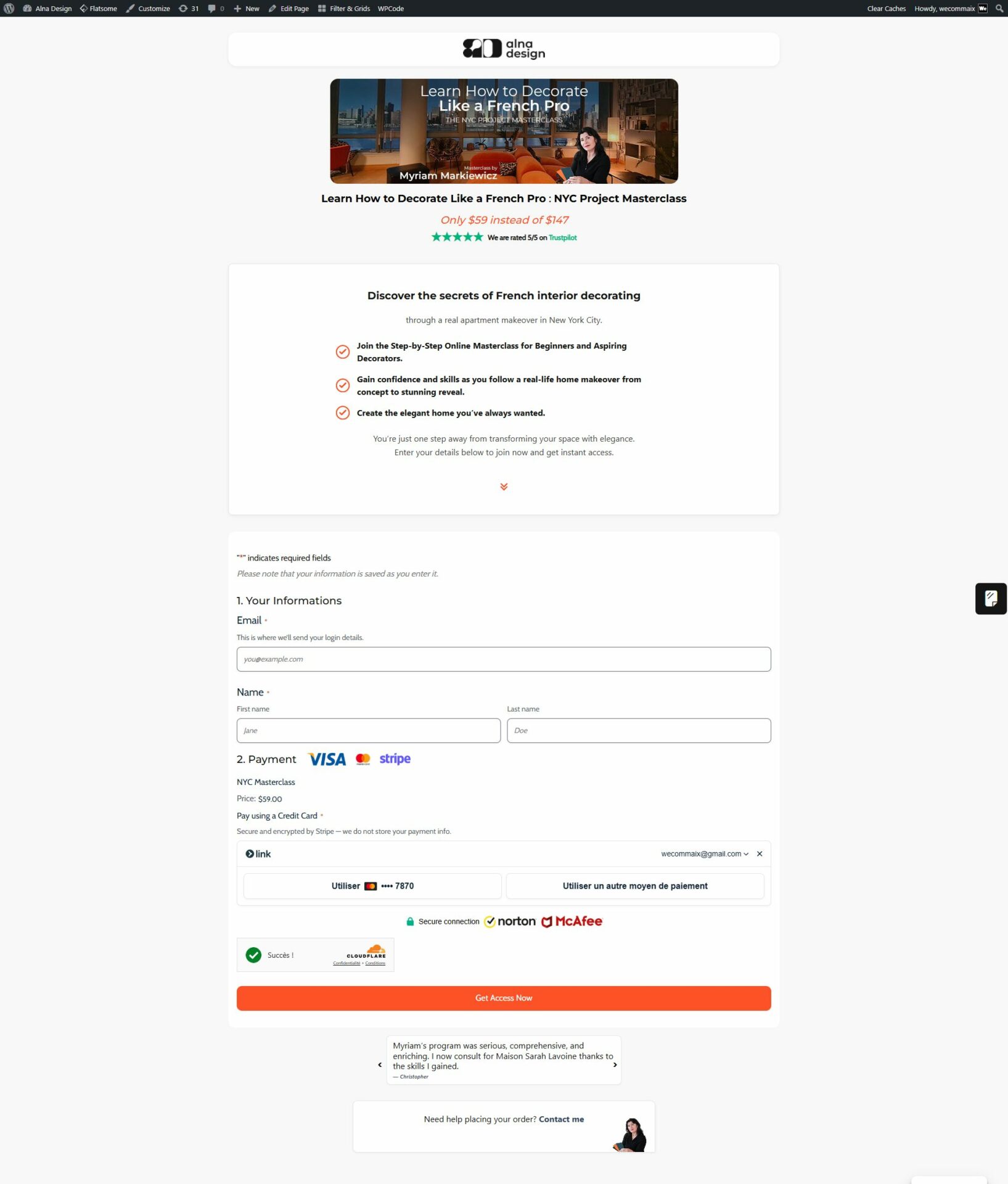Page de paiement optimisée Alna Design