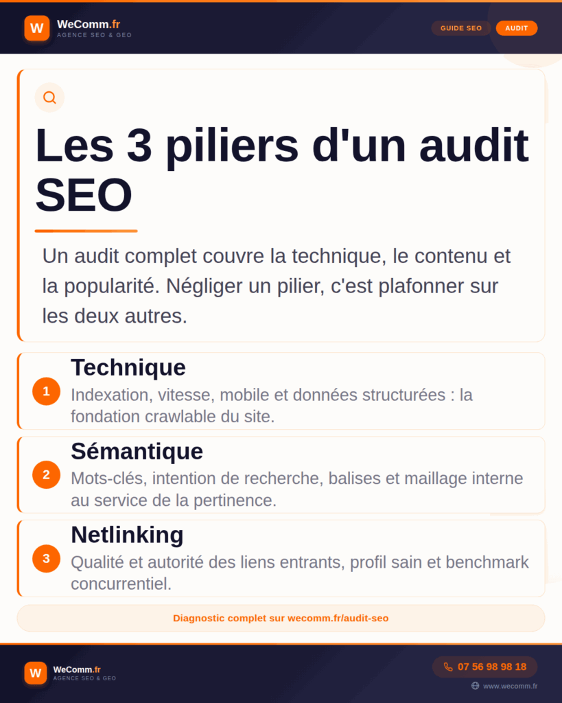 Infographie des 3 piliers d'un audit SEO : analyse technique, analyse sémantique et netlinking.