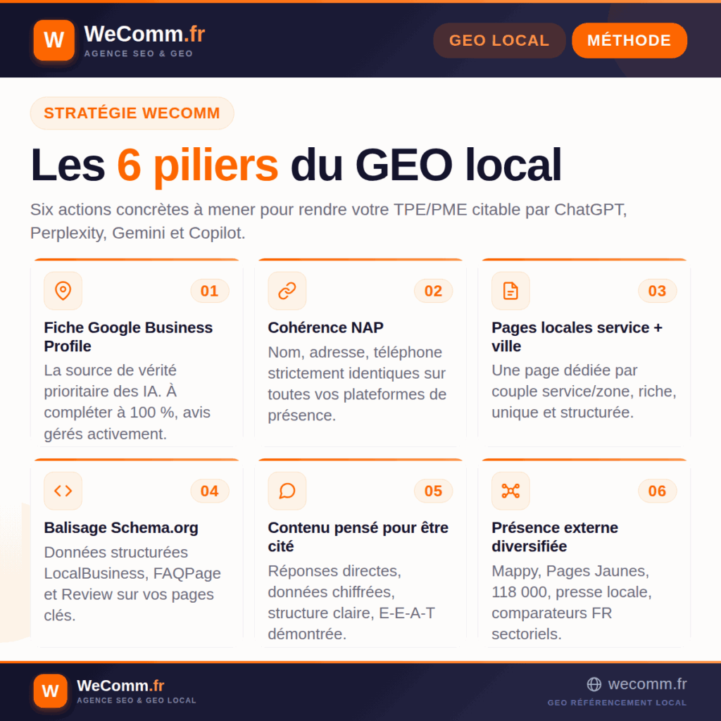 Les 6 piliers d'une stratégie GEO référencement local efficace pour TPE/PME : Google Business Profile, NAP, pages locales, Schema.org, contenu, présence externe