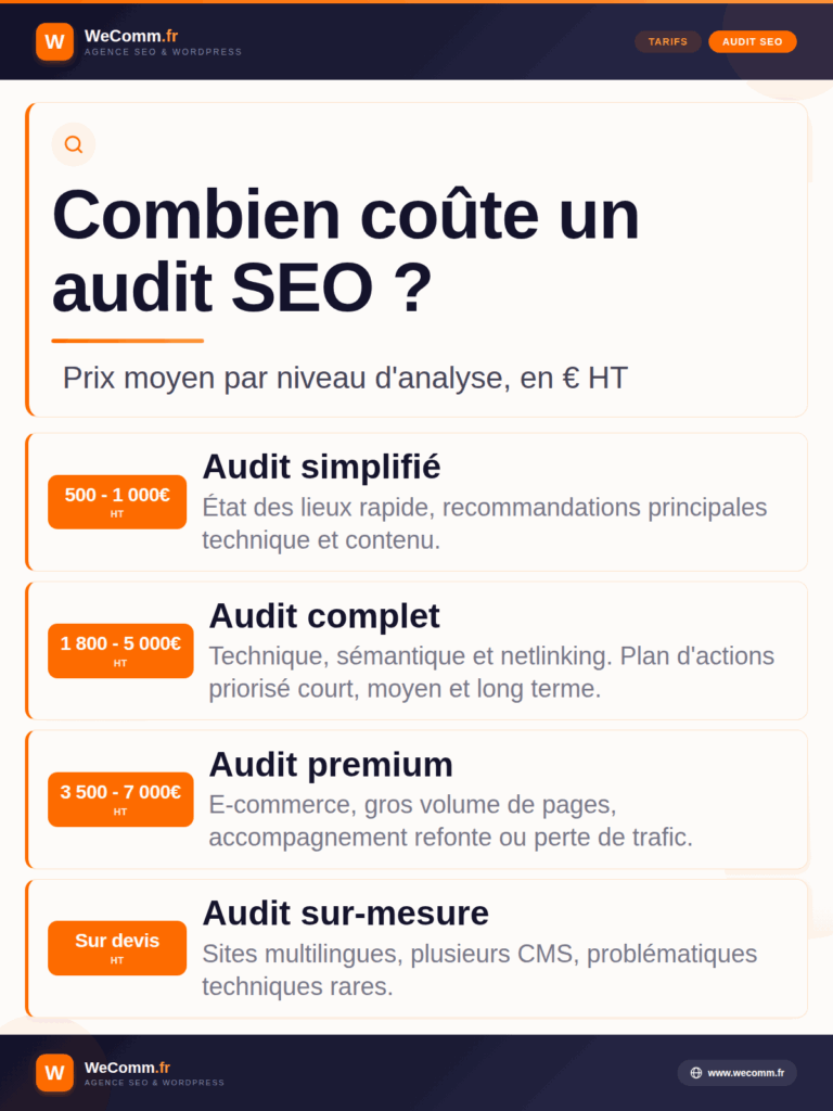 Tarif d'un audit SEO par niveau : simplifié dès 500 €, complet 1 800-5 000 €, premium 3 500-7 000 € HT