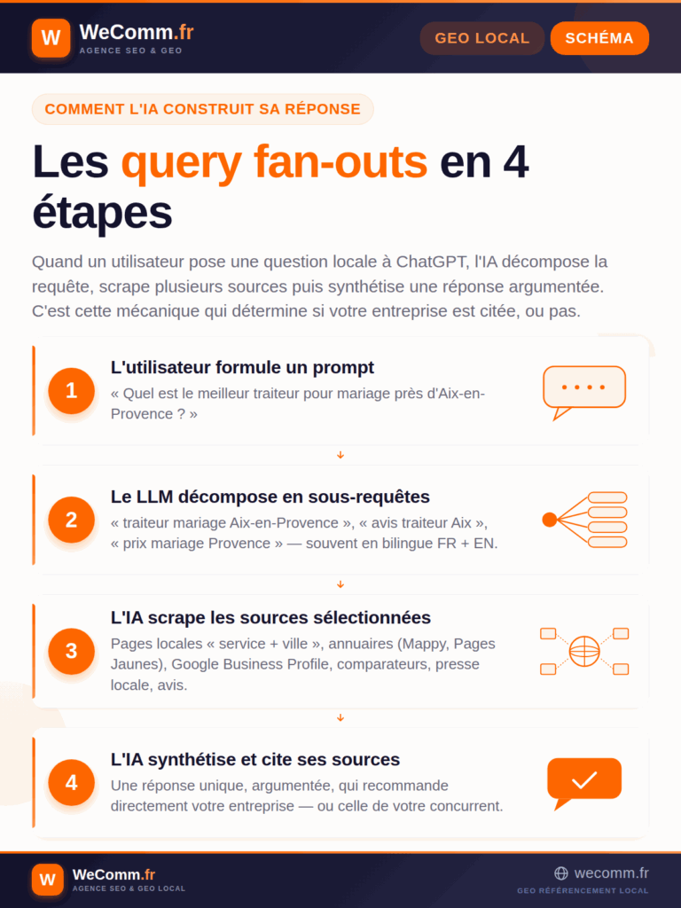 Schéma du fonctionnement des query fan-outs : comment une IA décompose un prompt en sous-requêtes pour générer une recommandation locale