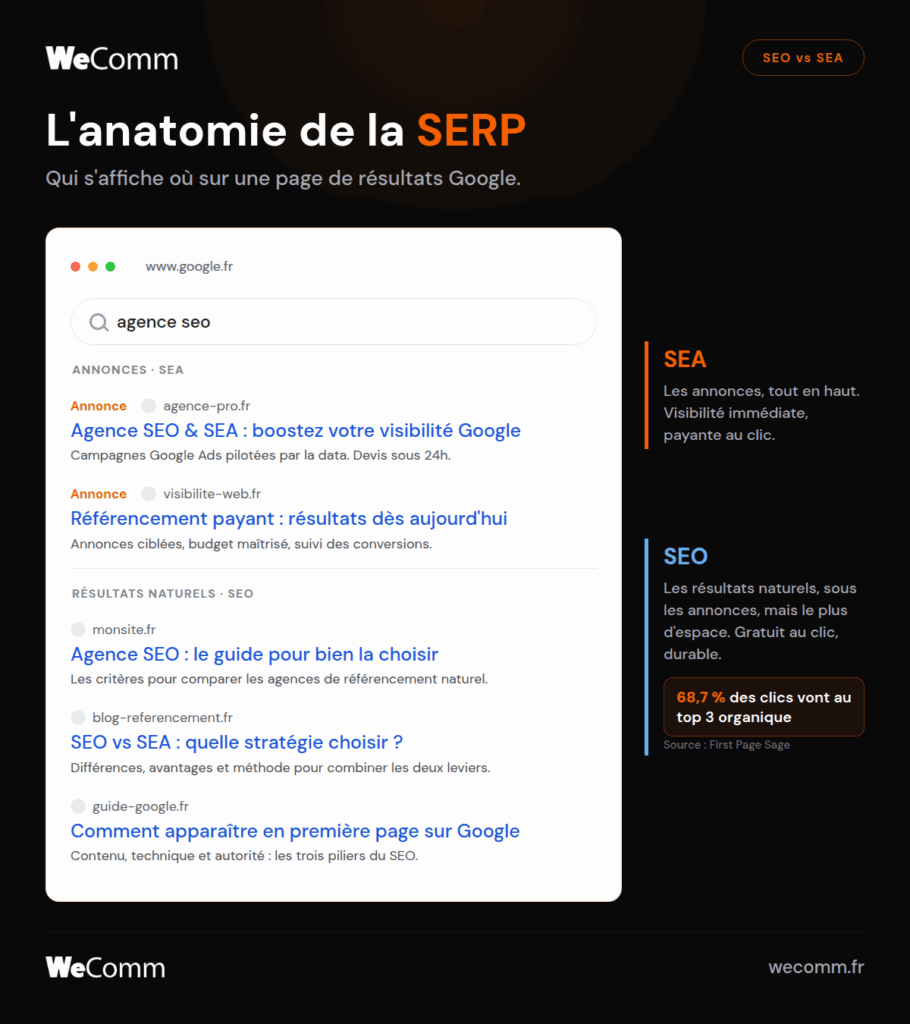 Anatomie d'une page de résultats Google : les annonces SEA en haut de page, les résultats naturels SEO en dessous occupant le plus d'espace.