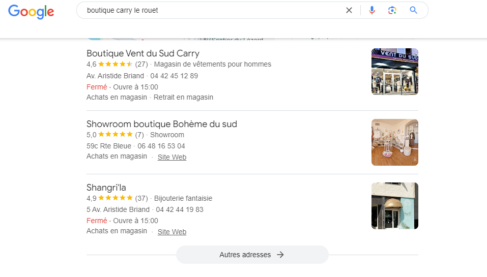 Cliquer pour agrandir Résultats de recherche Google pour la requête boutique Carry-le-Rouet