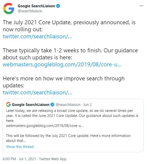 Tweet de l'annonce de la google Core Update July 2021 par Google Search Liaison