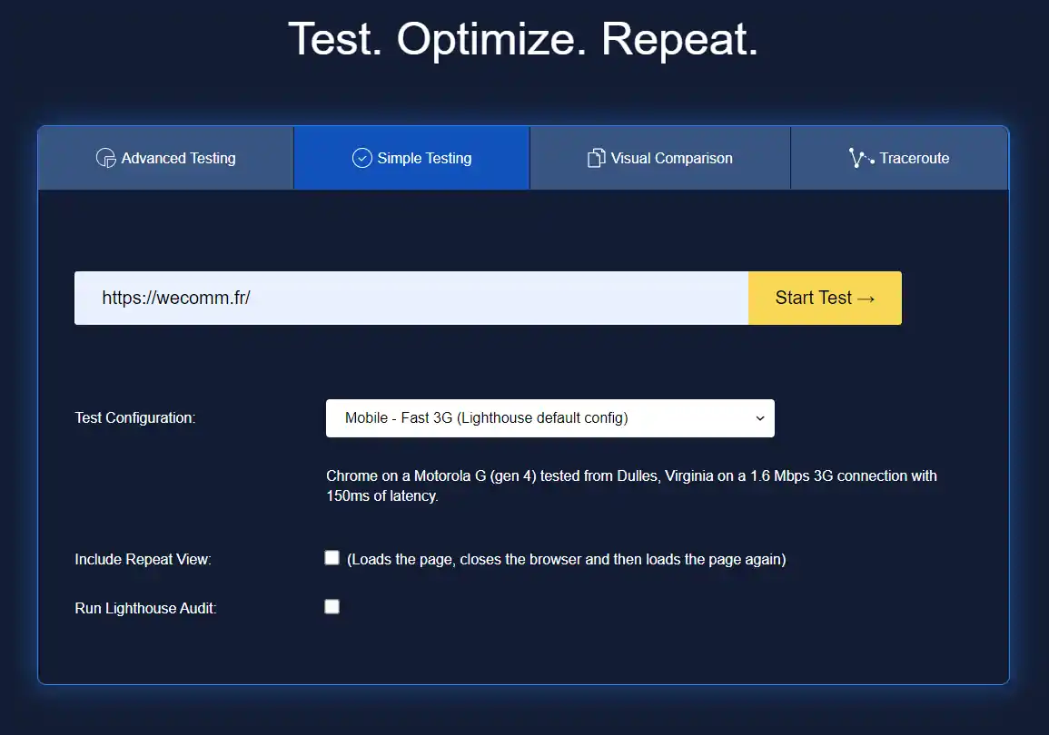 WebPageTest : Test rapide des performances du site web