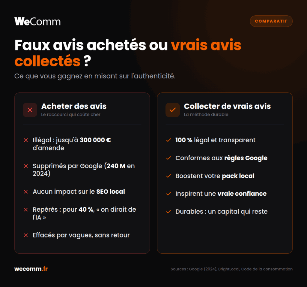 Comparatif entre acheter de faux avis Google (illégal, supprimés par Google, sans impact SEO) et collecter de vrais avis (légal, durable, bon pour le référencement local) - WeComm